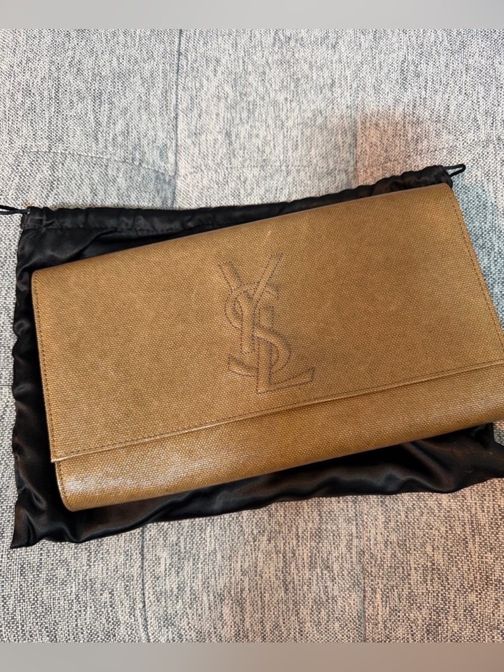 Saint Laurent Olive Brown YSL Embossed Leather Clutch